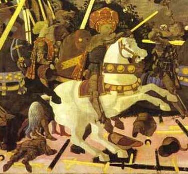 Detail from Paolo Uccello's fresco, Niccolo Mauruzi da Tolentino at the Battle of San Romano, about 1438-1440. The fallen soldier in the bottom left-hand corner, and the spear beside him, are foreshortened.
