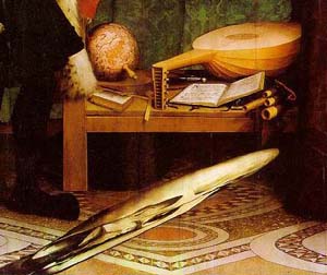 Detail from Hans Holbein the Younger's painting The Ambassadors, 1533. The mysterious object at the bottom is a trick in perspective. If you look at it from the correct angle, you can see that it is a skull.