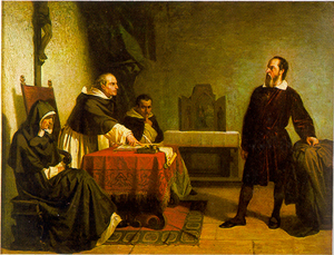 Cristiano Banti's painting Galileo Facing the Roman Inquisition, 1857. Galileo, who was Roman Catholic, got into trouble with church authorities because of his caustic criticisms of traditional beliefs about the universe.