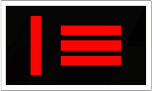 Flag: Black field surrounded by white border, with red stripes.